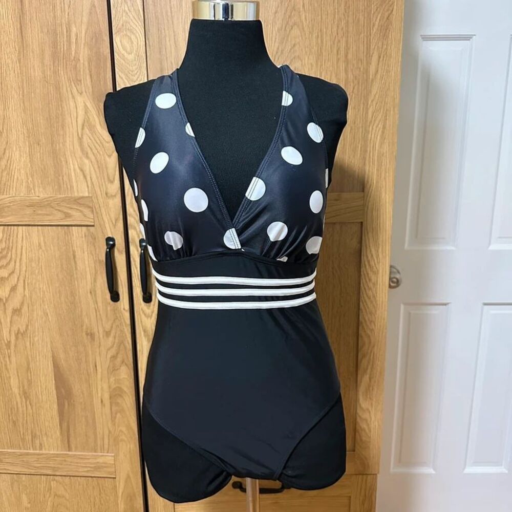 Women’s Retro One Piece Swimsuit Size L Black White Polka Dot Strappy Pin Up